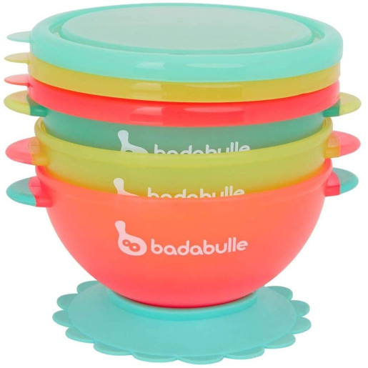 Badabulle - Set 3 boluri colorate pentru mancare, cu suport inclus